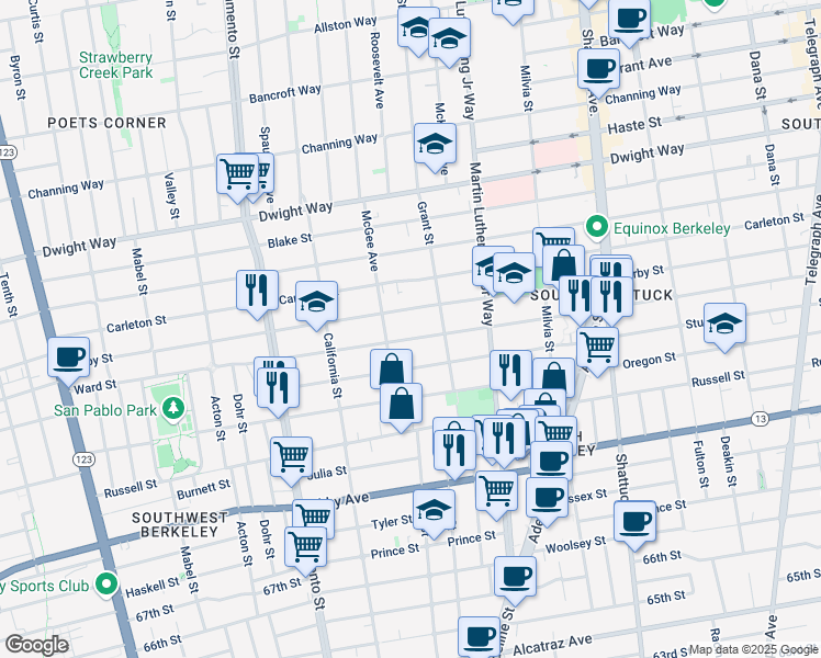 map of restaurants, bars, coffee shops, grocery stores, and more near 1732 Ward Street in Berkeley
