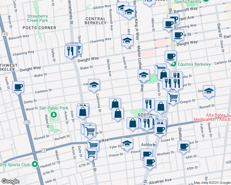 map of restaurants, bars, coffee shops, grocery stores, and more near 2729 McGee Avenue in Berkeley