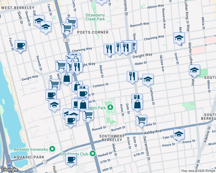 map of restaurants, bars, coffee shops, grocery stores, and more near 1303 Derby Street in Berkeley