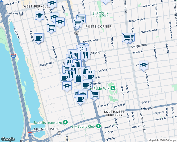 map of restaurants, bars, coffee shops, grocery stores, and more near 2622 San Pablo Avenue in Berkeley
