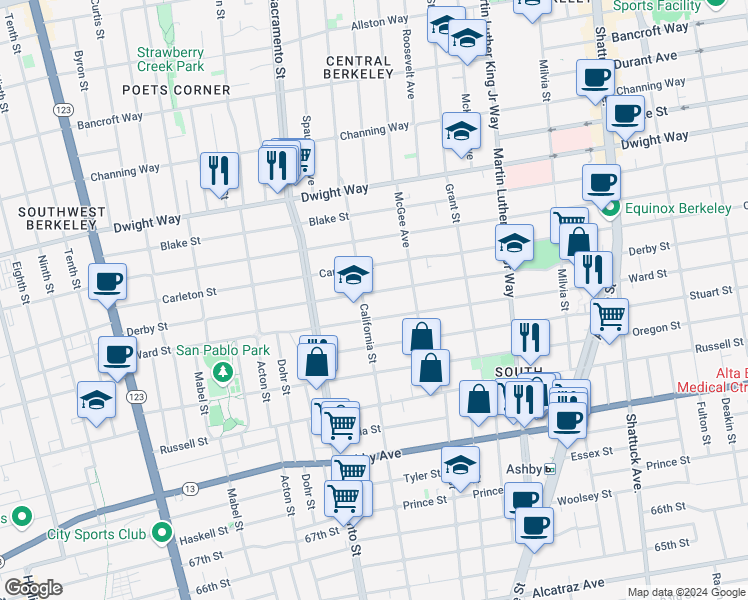 map of restaurants, bars, coffee shops, grocery stores, and more near 1606 Derby Street in Berkeley