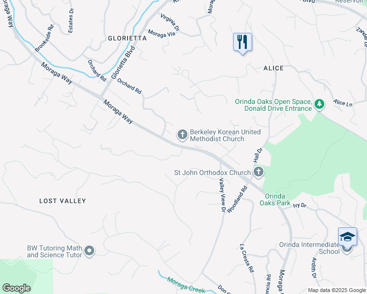 map of restaurants, bars, coffee shops, grocery stores, and more near 2 Oak Drive in Orinda