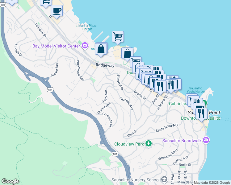 map of restaurants, bars, coffee shops, grocery stores, and more near 199 Cazneau Avenue in Sausalito