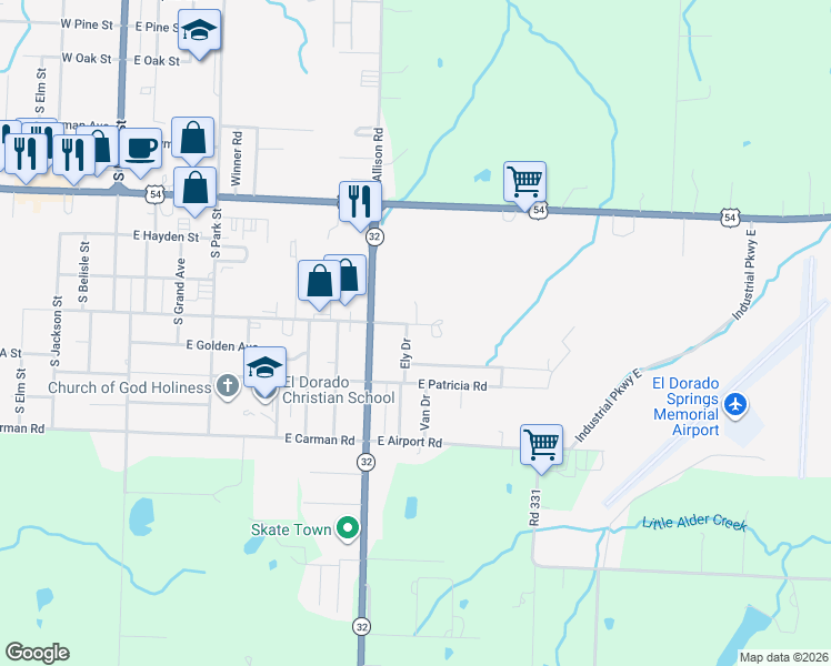 map of restaurants, bars, coffee shops, grocery stores, and more near 1601 Ely Drive in El Dorado Springs