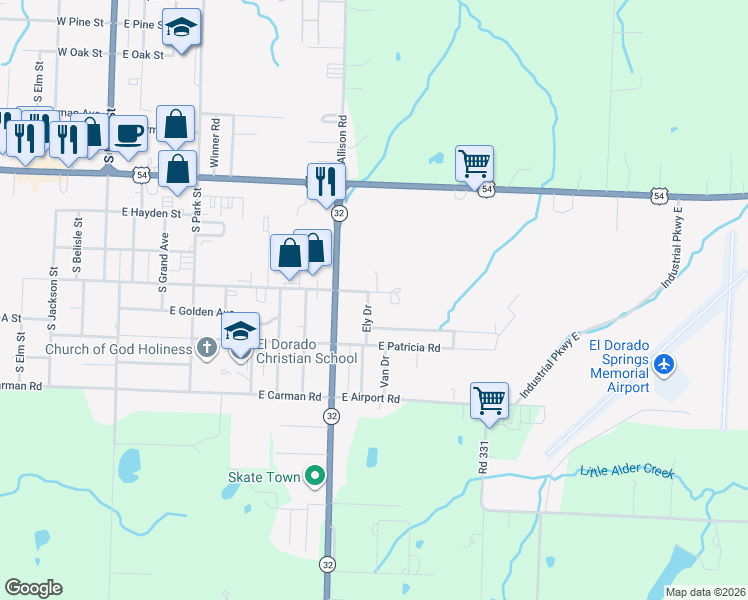 map of restaurants, bars, coffee shops, grocery stores, and more near 1601-1665 Ely Drive in El Dorado Springs
