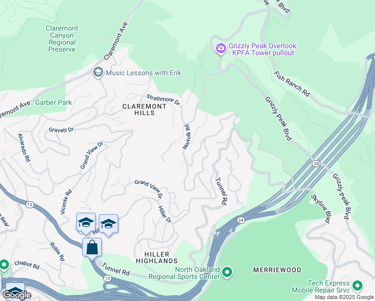 map of restaurants, bars, coffee shops, grocery stores, and more near 6940 Norfolk Road in Berkeley