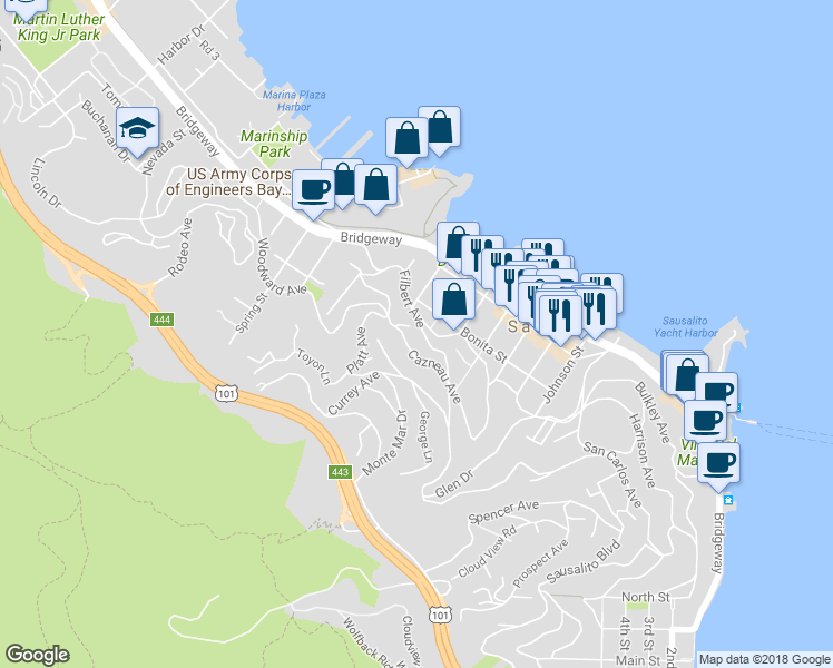 map of restaurants, bars, coffee shops, grocery stores, and more near 59 Filbert Avenue in Sausalito