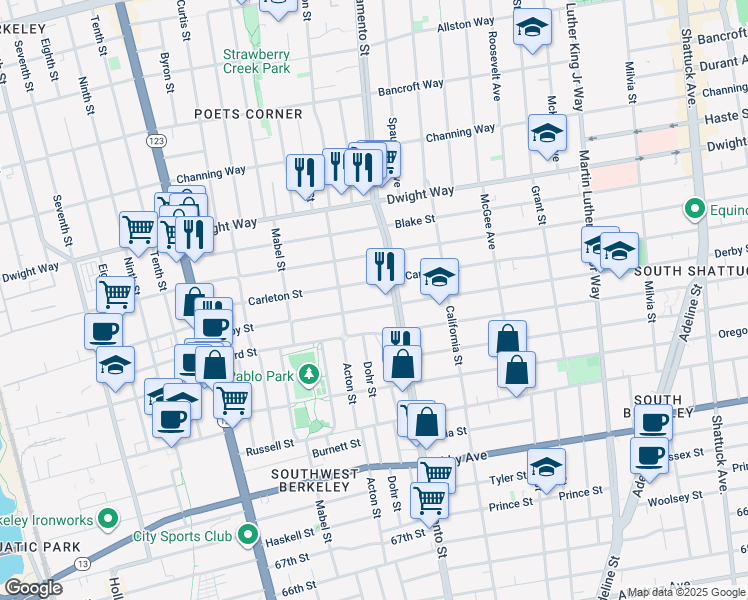 map of restaurants, bars, coffee shops, grocery stores, and more near 1431 Derby Street in Berkeley