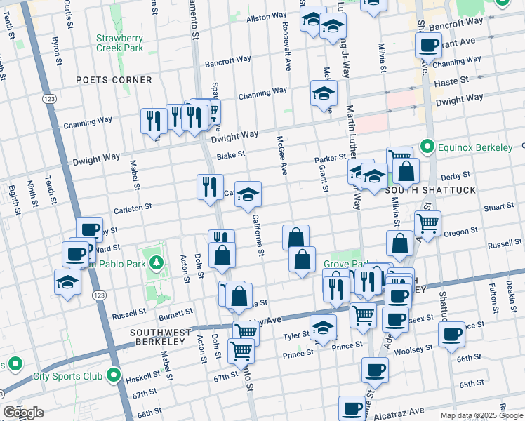 map of restaurants, bars, coffee shops, grocery stores, and more near 1606 Derby Street in Berkeley