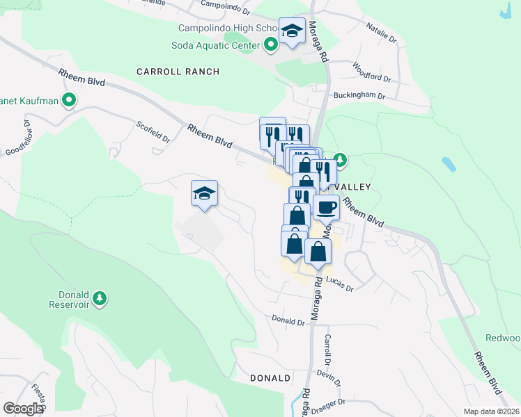 map of restaurants, bars, coffee shops, grocery stores, and more near 2009 Ascot Drive in Moraga