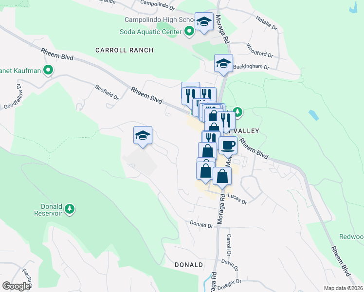 map of restaurants, bars, coffee shops, grocery stores, and more near 1997 Ascot Drive in Moraga
