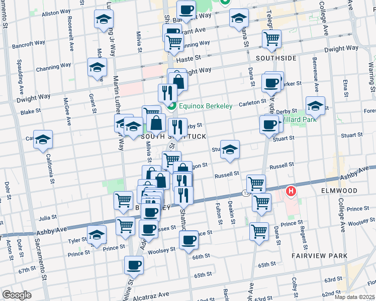 map of restaurants, bars, coffee shops, grocery stores, and more near 2801 Shattuck Avenue in Berkeley