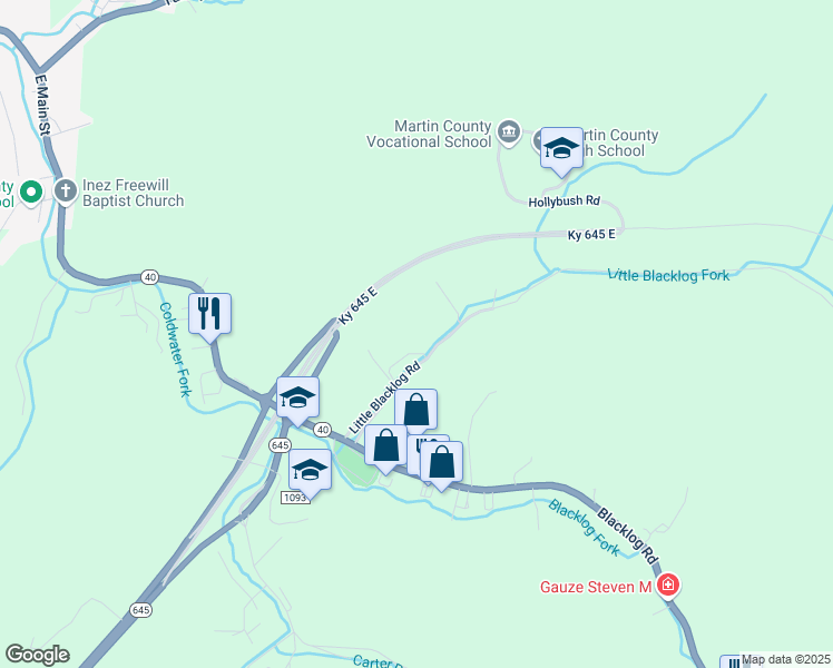 map of restaurants, bars, coffee shops, grocery stores, and more near 239 Little Blacklog Road in Inez