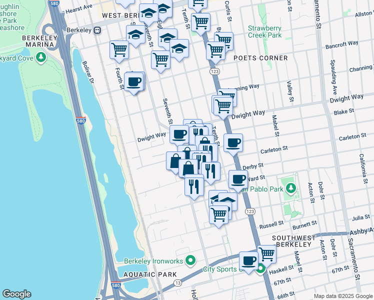 map of restaurants, bars, coffee shops, grocery stores, and more near 2541-2599 7th St in Berkeley