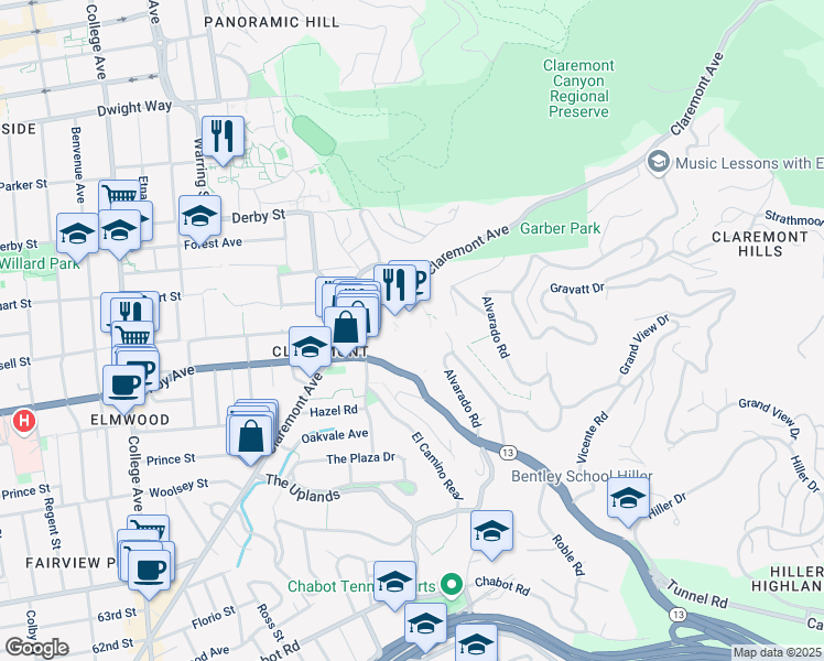 map of restaurants, bars, coffee shops, grocery stores, and more near 41 Tunnel Road in Berkeley