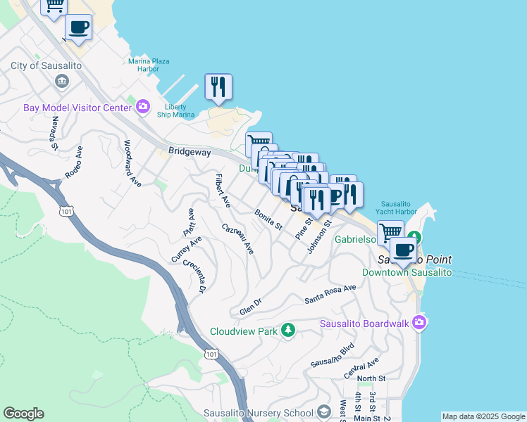 map of restaurants, bars, coffee shops, grocery stores, and more near 310 Bonita Street in Sausalito