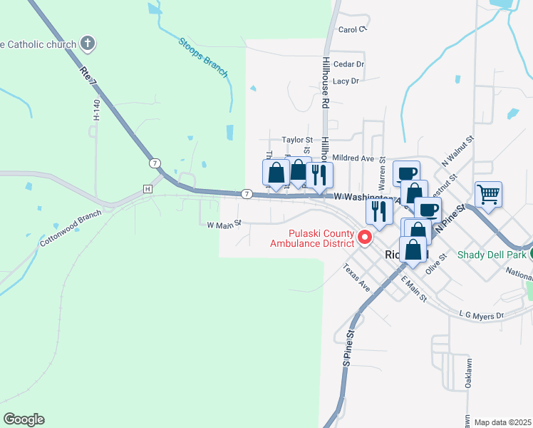 map of restaurants, bars, coffee shops, grocery stores, and more near 1014 West Main Street in Richland