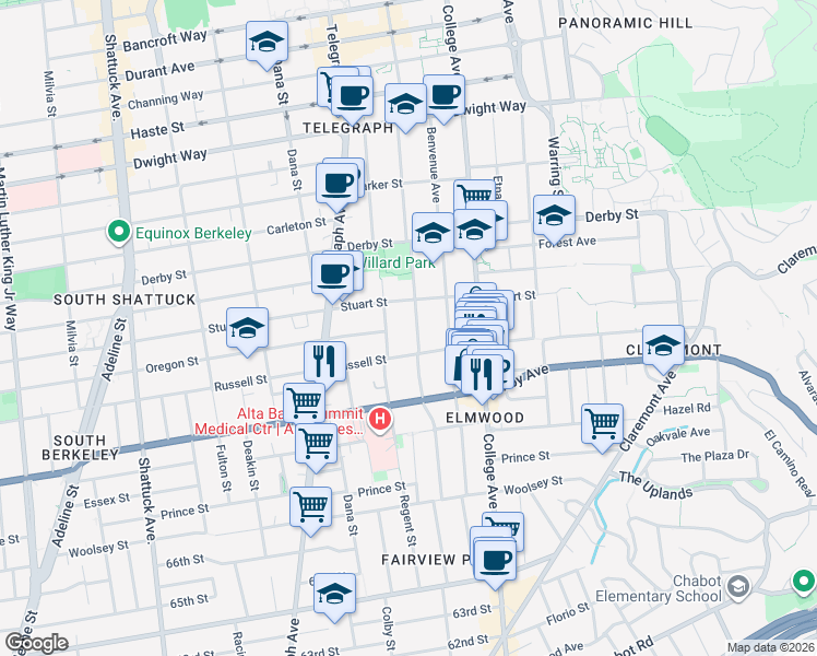 map of restaurants, bars, coffee shops, grocery stores, and more near 2834 Hillegass Avenue in Berkeley