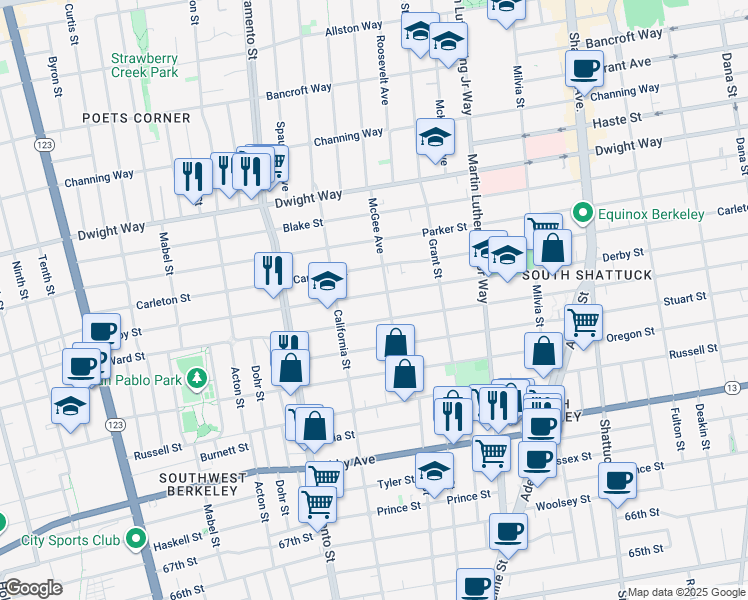 map of restaurants, bars, coffee shops, grocery stores, and more near 1630 Derby Street in Berkeley