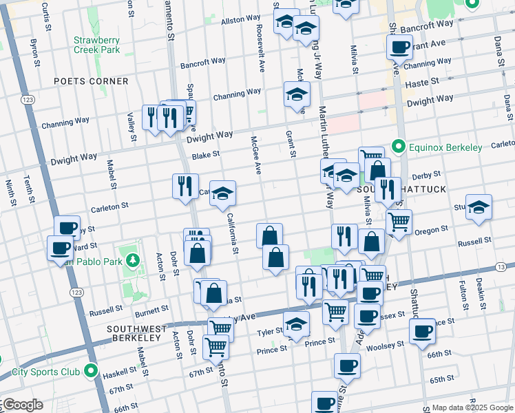 map of restaurants, bars, coffee shops, grocery stores, and more near 2729 McGee Avenue in Berkeley