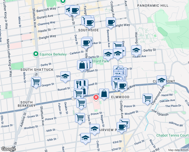 map of restaurants, bars, coffee shops, grocery stores, and more near 2439 Oregon Street in Berkeley