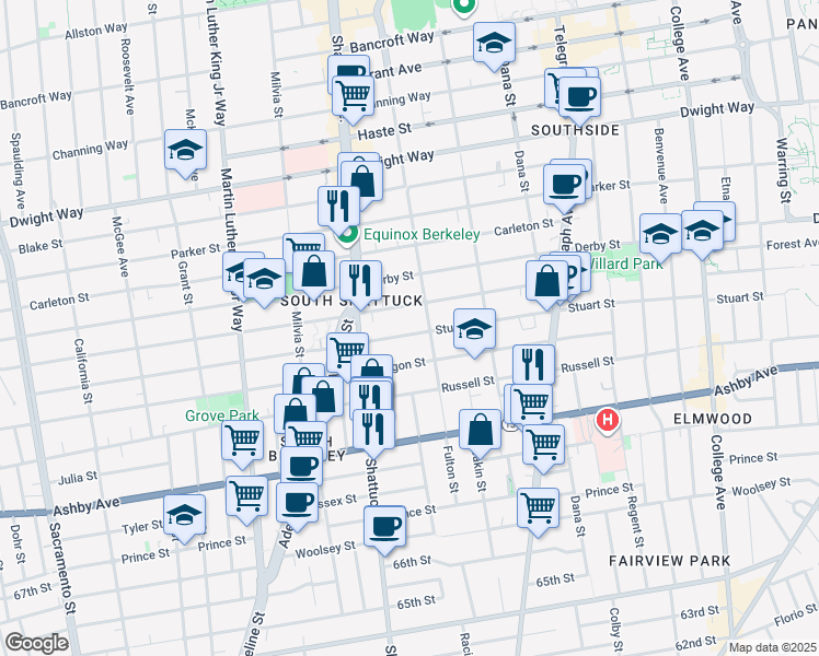 map of restaurants, bars, coffee shops, grocery stores, and more near 2140 Stuart Street in Berkeley