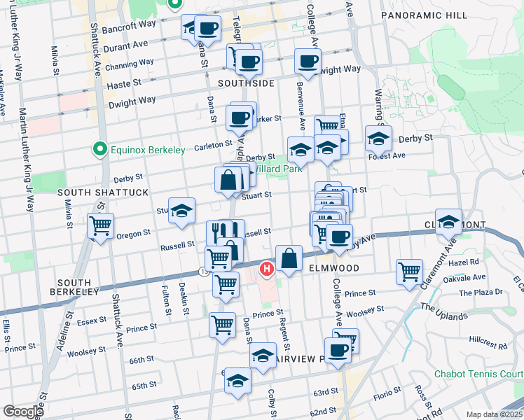 map of restaurants, bars, coffee shops, grocery stores, and more near 2439 Oregon Street in Berkeley