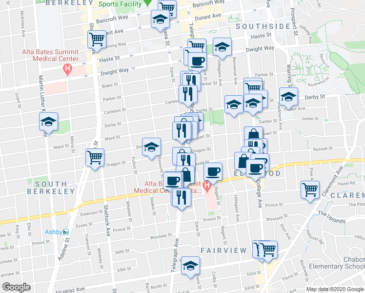 map of restaurants, bars, coffee shops, grocery stores, and more near 2855 Telegraph Avenue in Berkeley