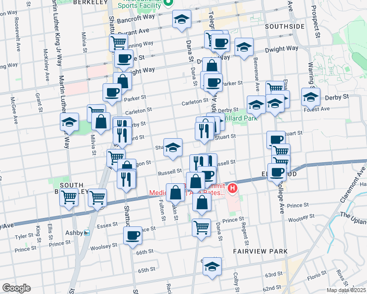 map of restaurants, bars, coffee shops, grocery stores, and more near 2247 Oregon Street in Berkeley