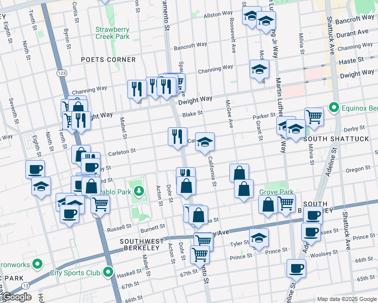 map of restaurants, bars, coffee shops, grocery stores, and more near 2704 Sacramento Street in Berkeley