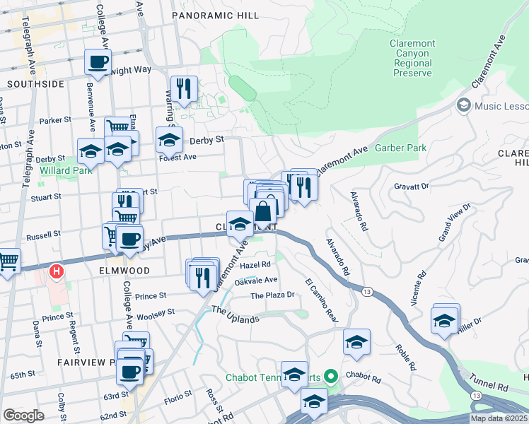 map of restaurants, bars, coffee shops, grocery stores, and more near Claremont Avenue & Russell Street in Berkeley