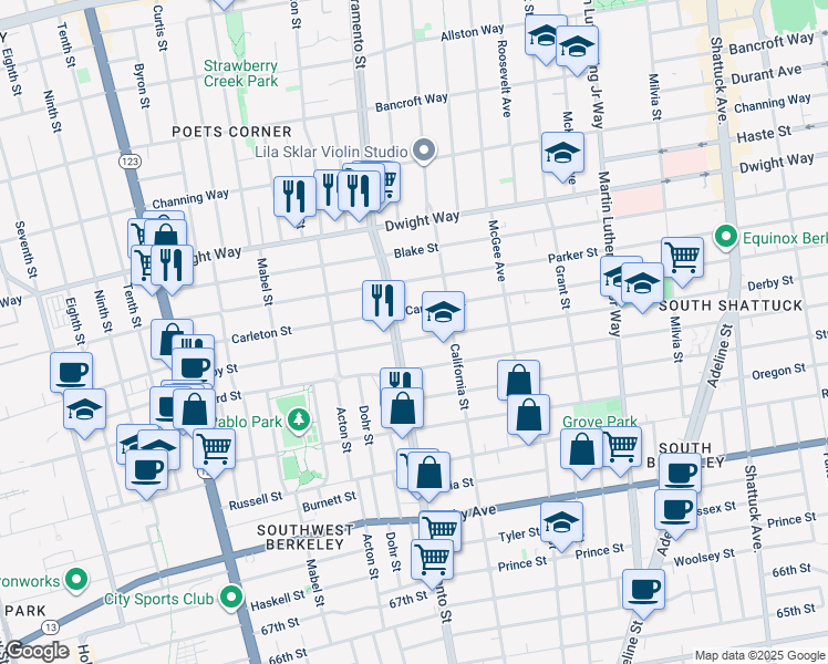 map of restaurants, bars, coffee shops, grocery stores, and more near 1515 Derby Street in Berkeley