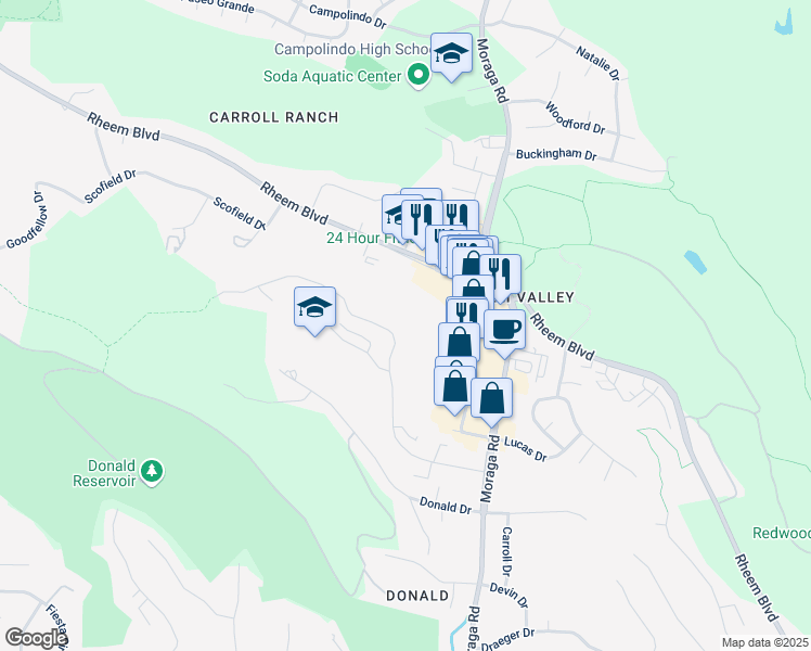 map of restaurants, bars, coffee shops, grocery stores, and more near 2009 Ascot Drive in Moraga