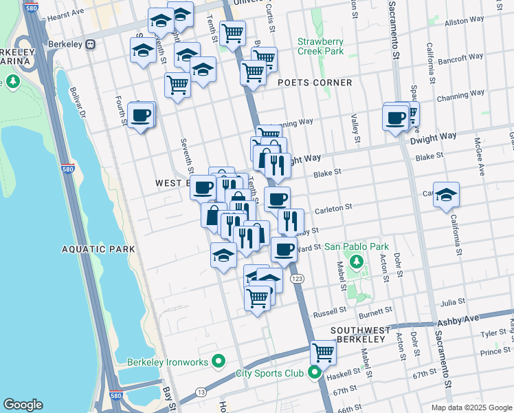 map of restaurants, bars, coffee shops, grocery stores, and more near 2600 10th Street in Berkeley