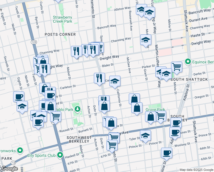 map of restaurants, bars, coffee shops, grocery stores, and more near 1515 Derby Street in Berkeley