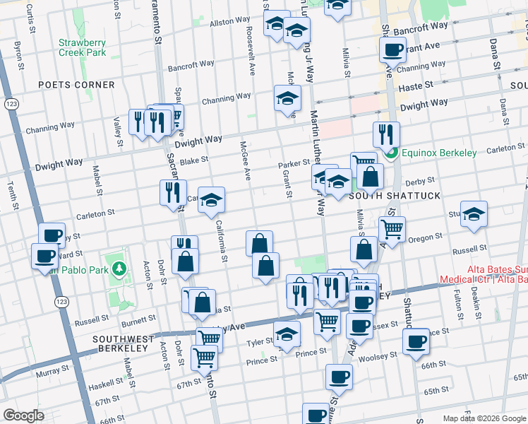 map of restaurants, bars, coffee shops, grocery stores, and more near 1708 Derby Street in Berkeley