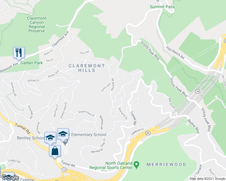 map of restaurants, bars, coffee shops, grocery stores, and more near 6960 Norfolk Road in Berkeley