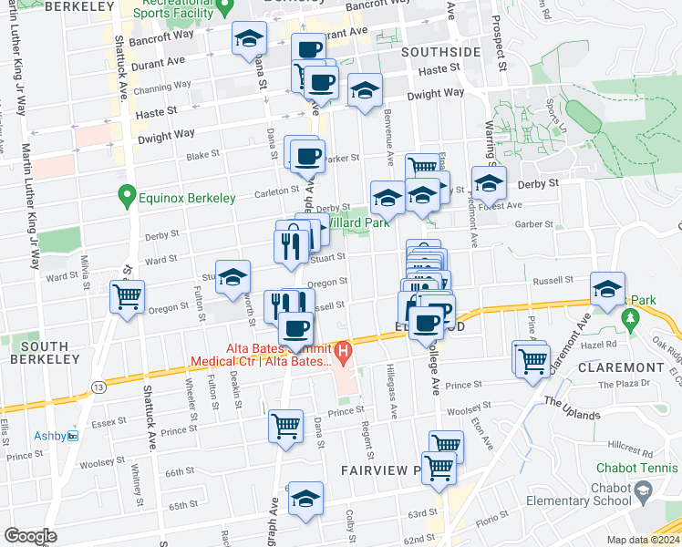 map of restaurants, bars, coffee shops, grocery stores, and more near 2436 Oregon Street in Berkeley