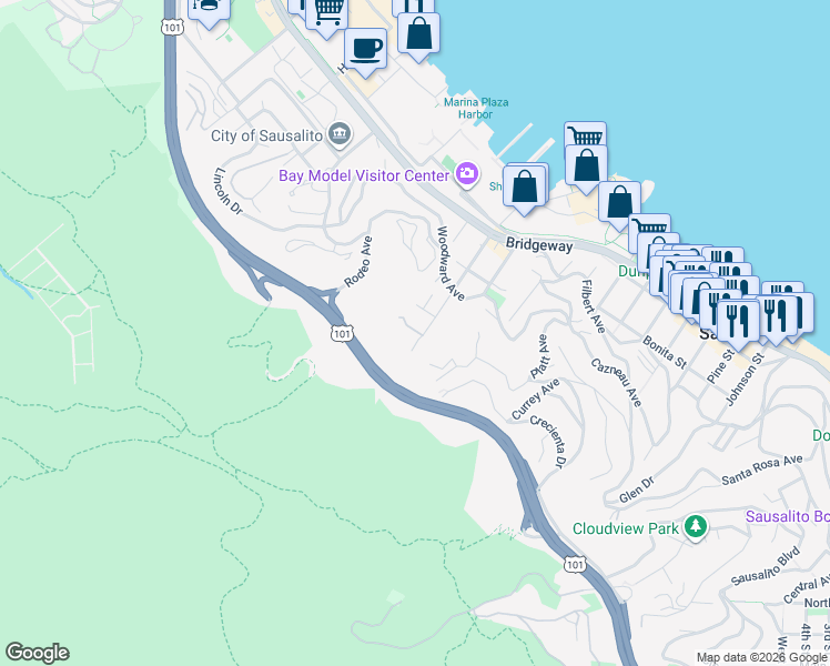 map of restaurants, bars, coffee shops, grocery stores, and more near 855 Spring Street in Sausalito
