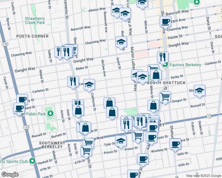 map of restaurants, bars, coffee shops, grocery stores, and more near 1708 Derby Street in Berkeley