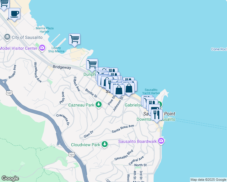 map of restaurants, bars, coffee shops, grocery stores, and more near in Sausalito