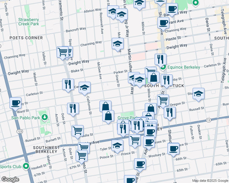 map of restaurants, bars, coffee shops, grocery stores, and more near 1732 Ward Street in Berkeley