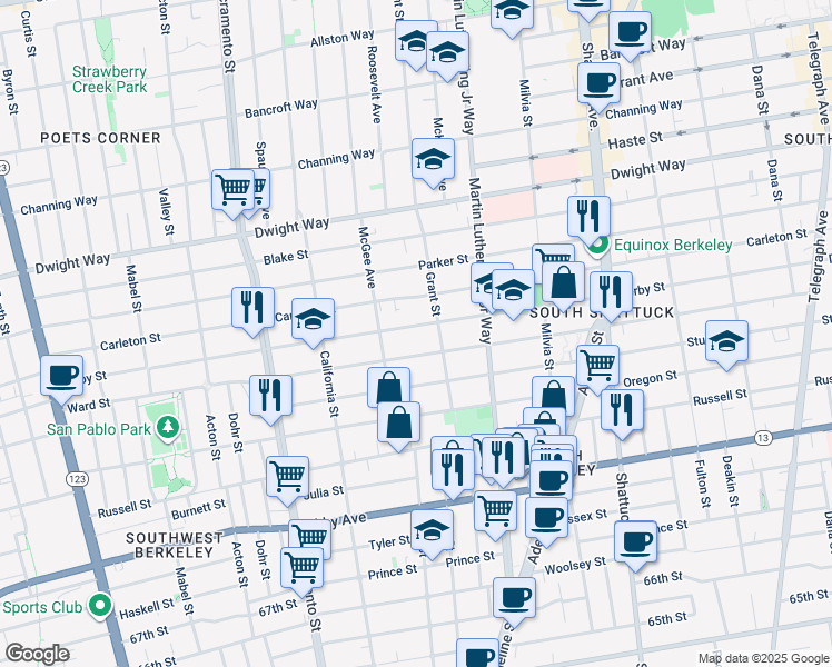 map of restaurants, bars, coffee shops, grocery stores, and more near 1732 Ward Street in Berkeley