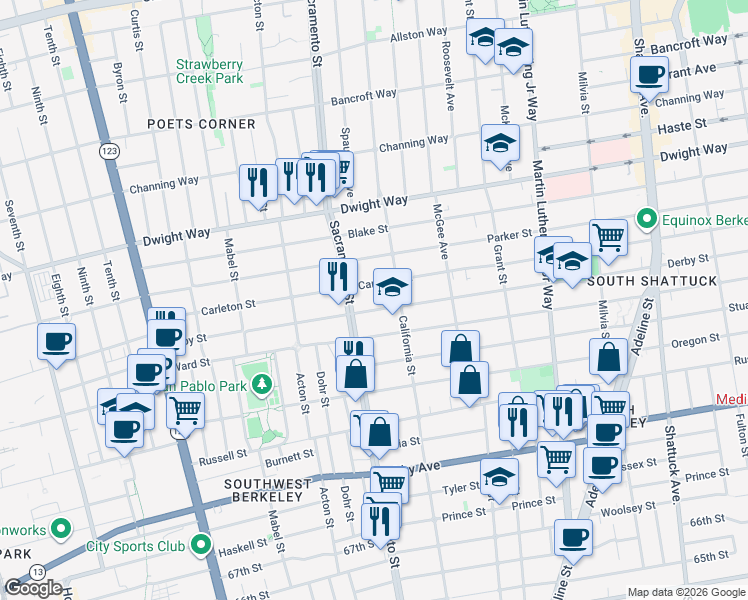 map of restaurants, bars, coffee shops, grocery stores, and more near 1525 Derby Street in Berkeley