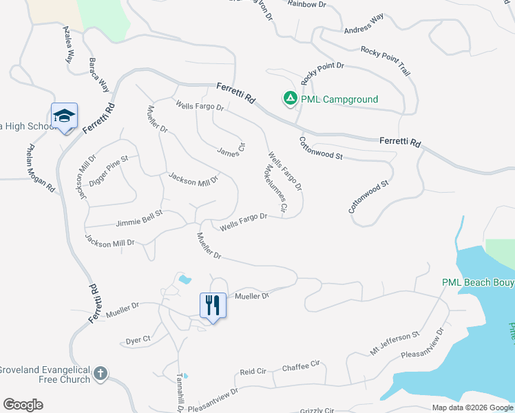 map of restaurants, bars, coffee shops, grocery stores, and more near 13066 Moeklumnes Circle in Groveland