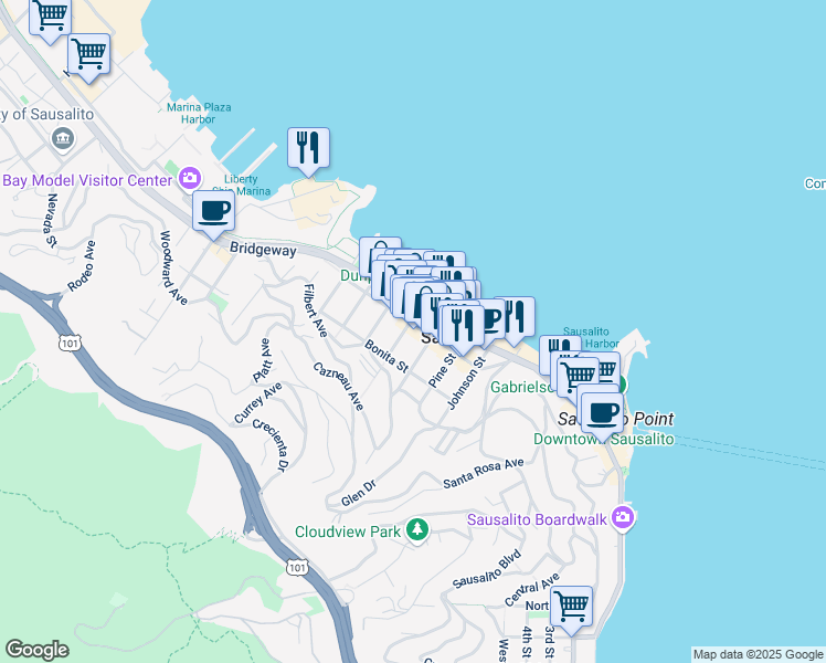 map of restaurants, bars, coffee shops, grocery stores, and more near 1403 Bridgeway in Sausalito