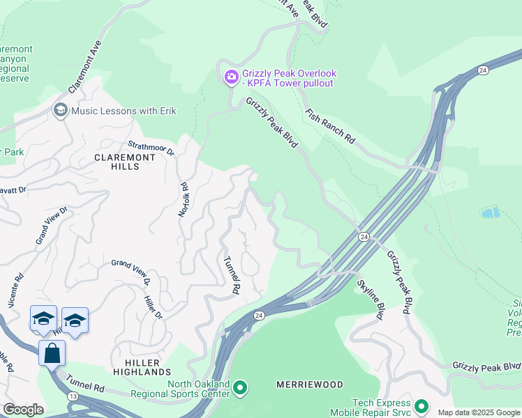 map of restaurants, bars, coffee shops, grocery stores, and more near 2 Tunnel Road in Berkeley