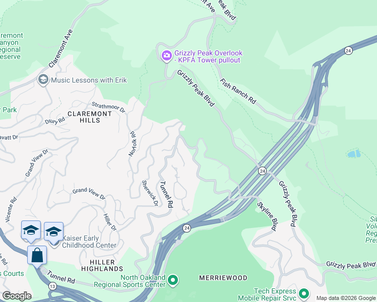 map of restaurants, bars, coffee shops, grocery stores, and more near 2005 Tunnel Road in Oakland