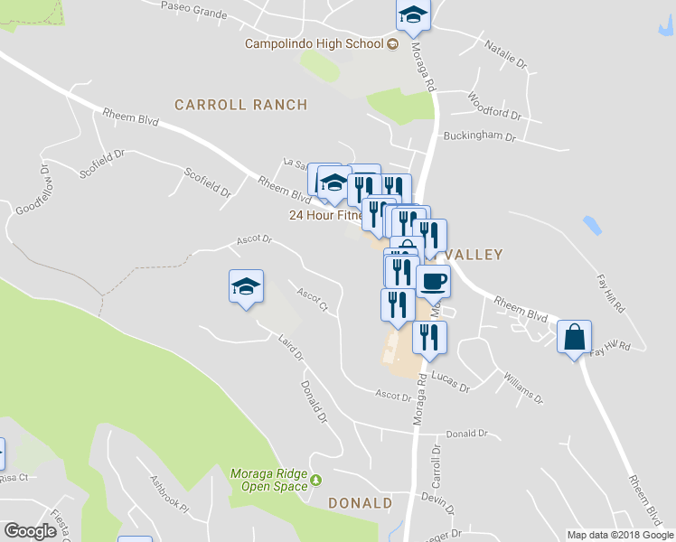 map of restaurants, bars, coffee shops, grocery stores, and more near 1991 Ascot Drive in Moraga
