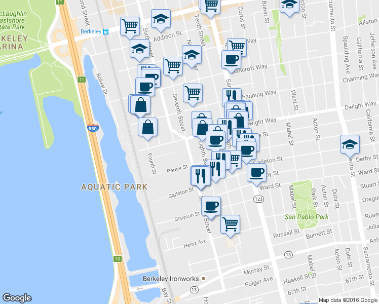 map of restaurants, bars, coffee shops, grocery stores, and more near 2541-2599 7th St in Berkeley
